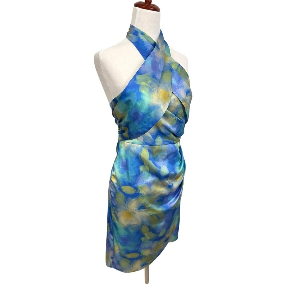 Belle Badgley Mischka Lexi Halter Twist Front Wrap Mini Dress Women’s 10 Blue - Picture 3 of 10